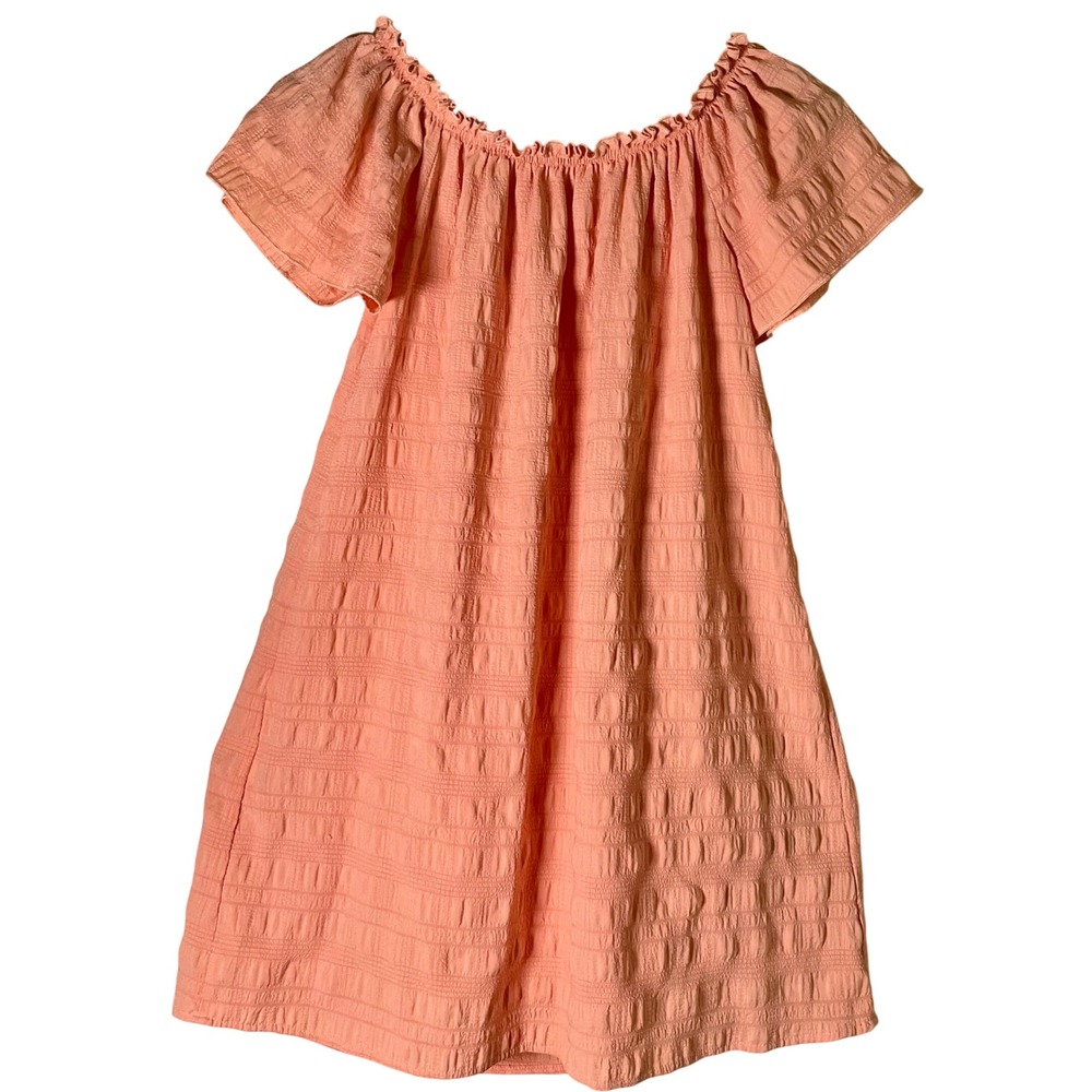 Coral Textured Off Shoulder Mini Dress S Smocked Shift Cottagecore Peasant Tunic